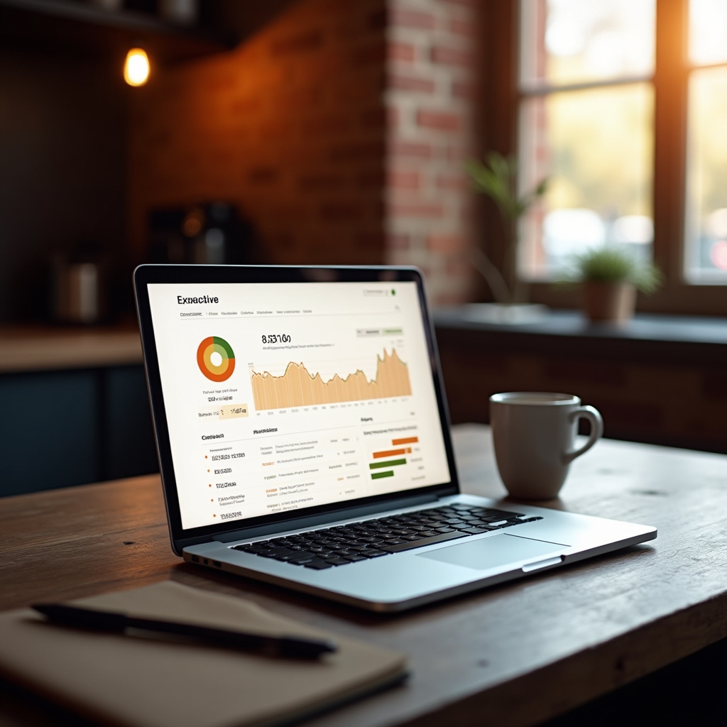 Přehledný finanční dashboard na laptopu s teplým světlem